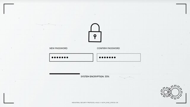 A security interface displays a padlock icon and login fields on a clean minimalistic background with gear icon.