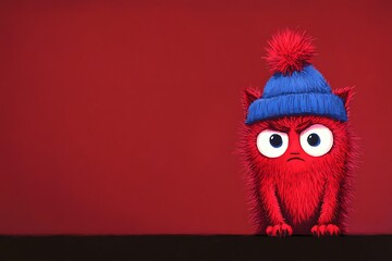 Fototapeta premium Red monster wearing blue hat