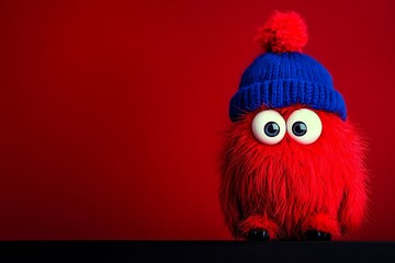 Fototapeta premium Whimsical red monster wearing blue beanie