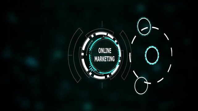 Futuristic digital interface displays online marketing text within a glowing circular H U D , Modern blue neon network and innovation, Virtual data connection and business growth design.