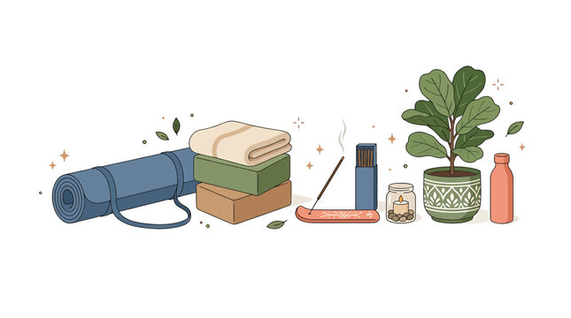 Collection of lifestyle essentials with yoga mat and books.