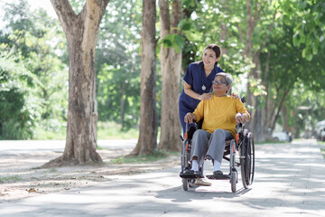 Naklejka premium Young caregiver pushing an elderly woman in a wheelchair outdoors in a park setting