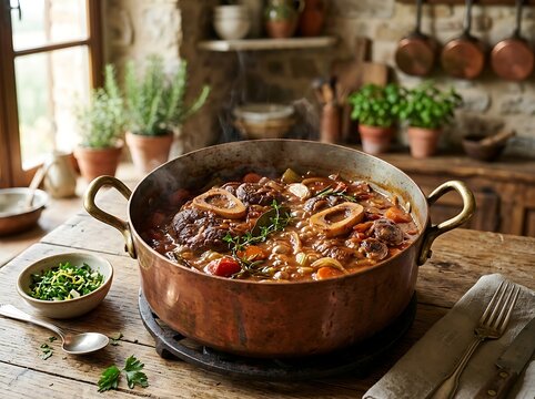 Delicious beef stew with vegetables in a rustic copper pot on a wooden kitchen table. veal osso bucco