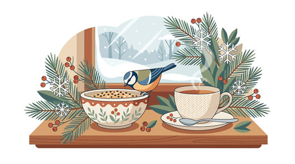 Cozy Winter Windowsill with Tea and Bird Illustration. © Aldian