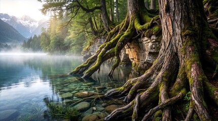 Fototapeta premium Massive Tree Roots Hanging Over Crystal Lake