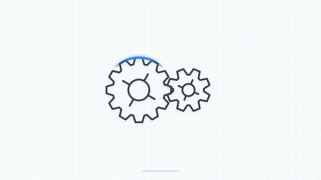 Two gear icons interact with blue highlighted mechanical elements.