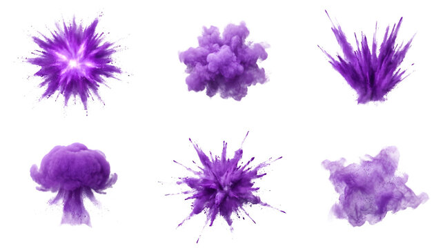 Set of purple powder explosions isolated on transparent background