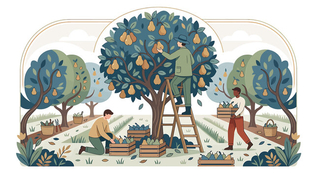 Farm Laborers Harvesting Fruit from Trees with Ladders and Crates.