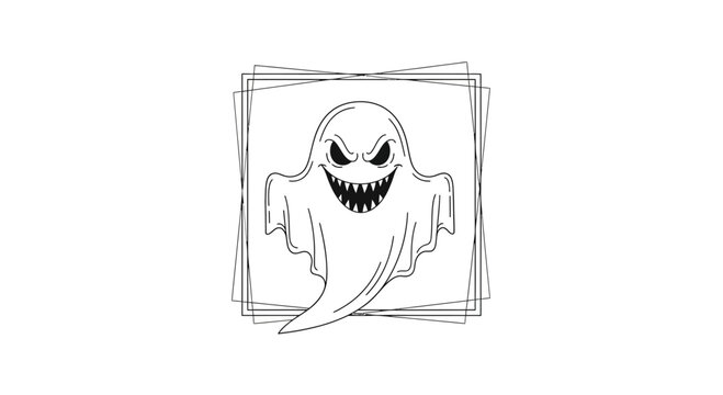 Scary Ghost Illustration with Sharp Teeth and Evil Eyes in a Square Frame