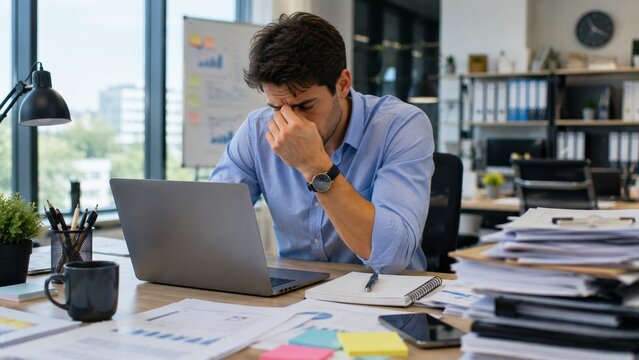 Business Professionals Experiencing Burnout at Work in Modern Office, Workplace Stress and Mental Exhaustion