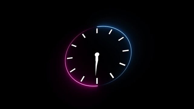Neon clock icon animation with circular time indicator. Glowing timer dial for loading and time tracking visuals. Animated watch style time control element. Glowing clock icon animation.