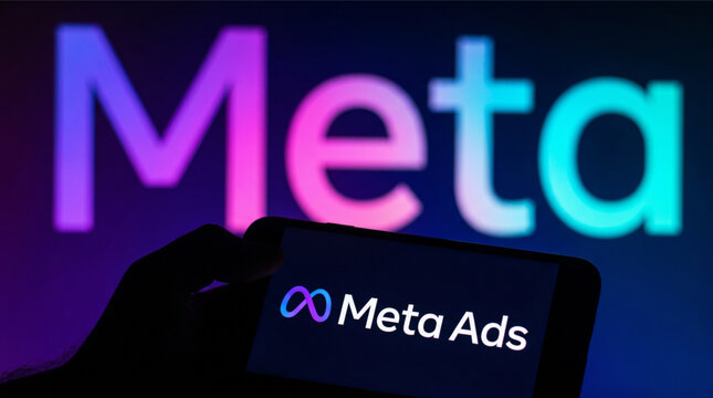 Hand holding a mobile phone displaying the Meta Ads logo with a large blurred Meta text background