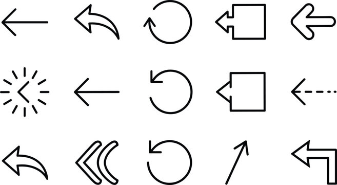 Thin line return arrow icon collection featuring geometric undo pointers and circular reload symbols for browser interface design vector