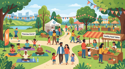 Vibrant community park festival scene with people enjoying outdoor activities and market stalls. © Sindi