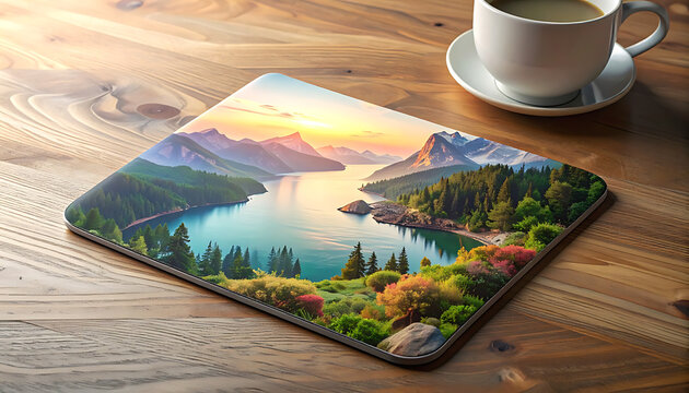 mouse pad with vibrant lake and mountain sunset landscape on a wooden table, workspace office decor