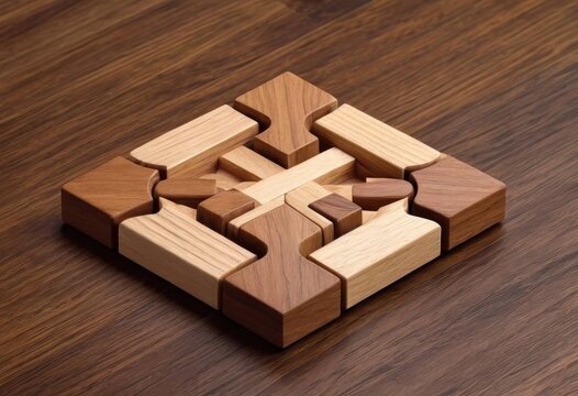 3D wooden puzzle blocks placed on a wood grain table
