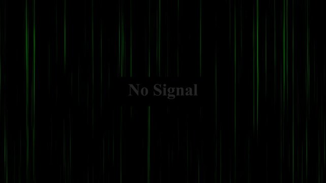 Black screen with green vertical lines and no signal text overlay representing broadcast , Retro TV screens show broken transmission. Lost connection triggers analog alert warnings.