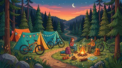 Serene camping scene at dusk in a forest clearing with tent and campfire. © syakila