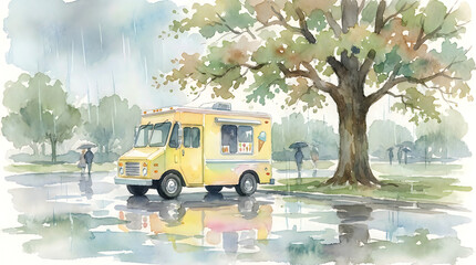 Obraz premium Yellow ice cream truck parked in rainy park during summer holiday
