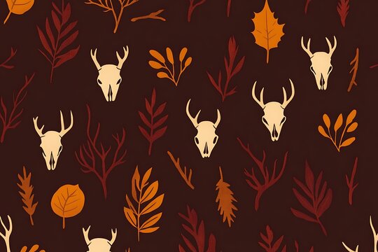 Autumnal deer skulls and leaves pattern