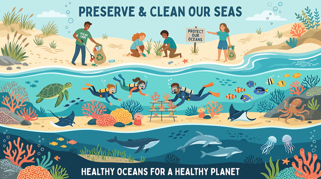 Volunteers Cleaning Beach and Diving for Ocean Preservation.