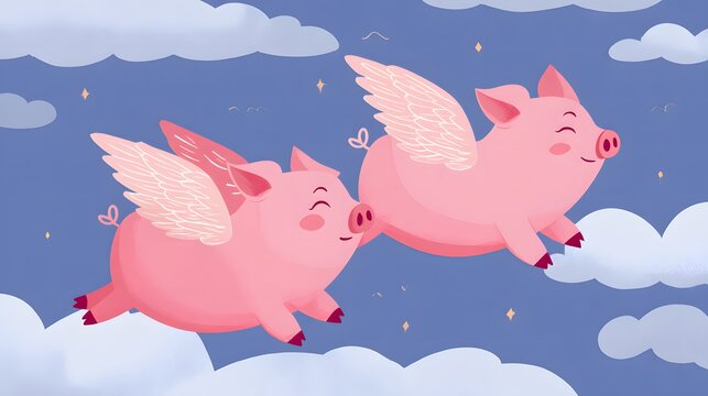 Two cute pigs with pink wings flying like angels in the sky above the clouds, when pigs fly illustration concept