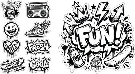 Urban graffiti sticker set with skateboard hip hop boombox sneakers lightning and comic word art vector elements © MdAnarulIslam