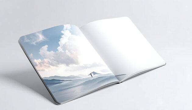 Open notebook with blank pages, one page featuring mountain landscape and sky, travel diary, mockup, paper stationery