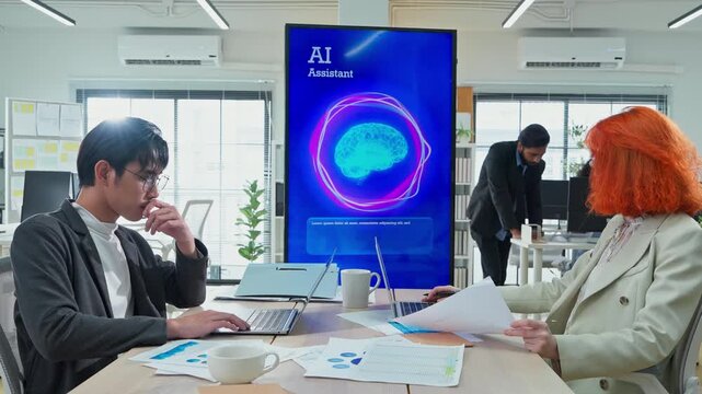 Diverse multiracial business team using AI bot to analyze restructuring strategy for profit growth in modern open office with screens and documents, corporate transformation planning concept