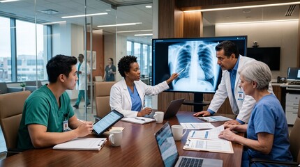 Fototapeta premium Experienced healthcare professionals discussing patient treatment strategies in a modern hospital.