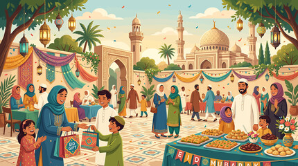 Vibrant Market Festival with Traditional Attire and Architecture. © syakila