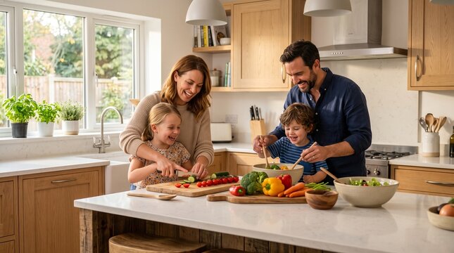 Warm family moments while preparing a healthy homemade meal inside a modern kitchen.