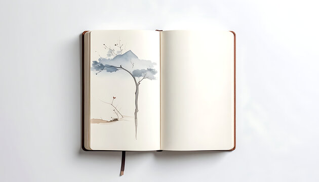 Open notebook with hand drawn watercolor landscape illustration, sketch journal, stationary mockup