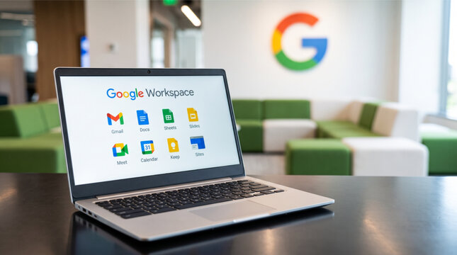 Google Workspace brand logo set and icons displayed on a laptop computer screen in modern office