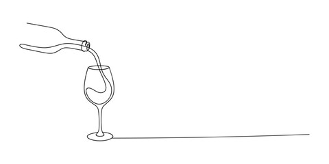Fototapeta premium Illustration of wine bottle pouring liquid into a glass, fine dining hospitality, hand drawn outline vector illustration.