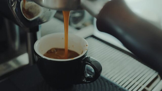 4K Pouring coffee stream from professional machine in cup. Barista man making double espresso, using filter holder. Flowing fresh ground coffee. Drinking roasted black coffee in the morning.