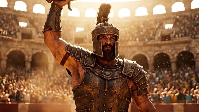Gladiator Warrior Victorious Raising Sword in Ancient Arena Crowd.