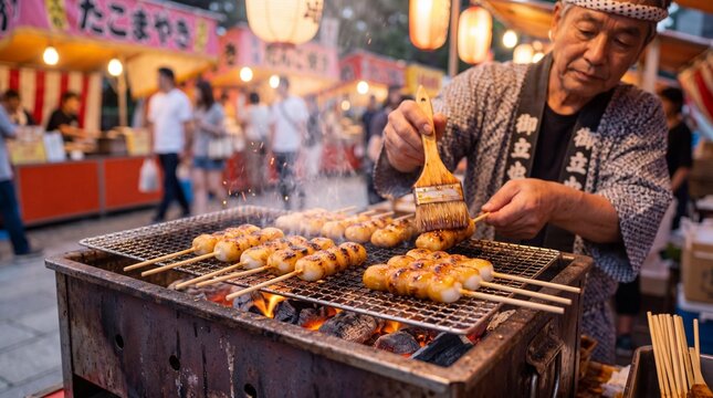 Chef grilling mitarashi dango skewers on charcoal at a Japanese festival.