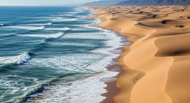 Namib Desert Dunes Meeting Atlantic Ocean Waves Along Coastline