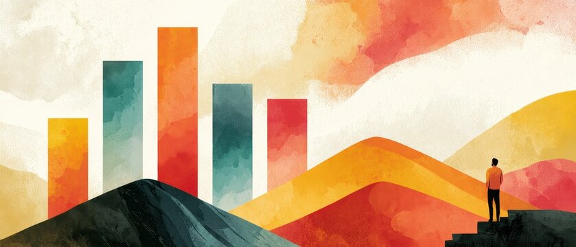 Watercolor conceptual illustration of analytics and creativity merging charts rise from hills minimal human silhouette warm retro colors stock friendly design.