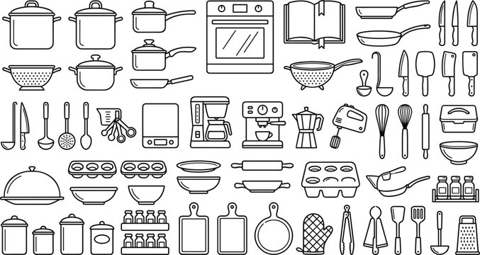 Kitchenware and cooking utensils line icon mega set featuring pots pans oven recipe book coffee maker hand mixer baking molds cutting boards and spice racks