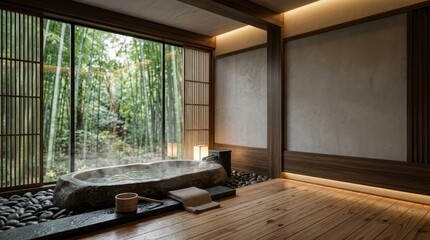 Fototapeta premium Traditional stone bathtub in Japanese bathroom overlooking bamboo forest