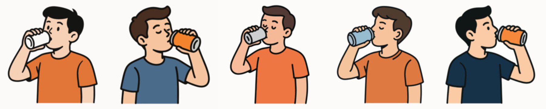 Set of vector illustrations of young people drinking from bottles and cans.