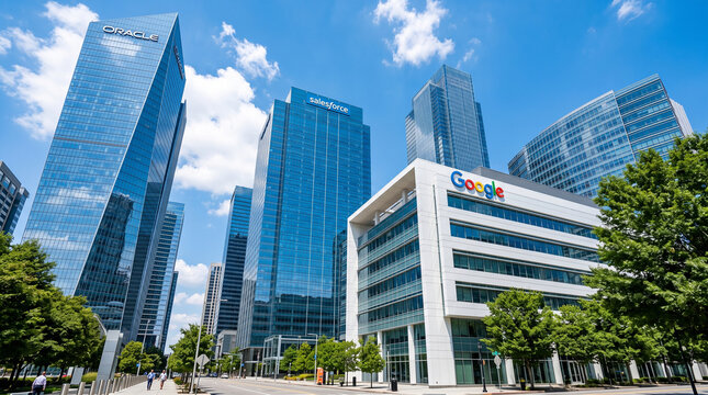 Modern tech company headquarters featuring Google, Salesforce, and Oracle office buildings in a corporate business district under a clear blue sky. Urban modern city architecture, technology hub.