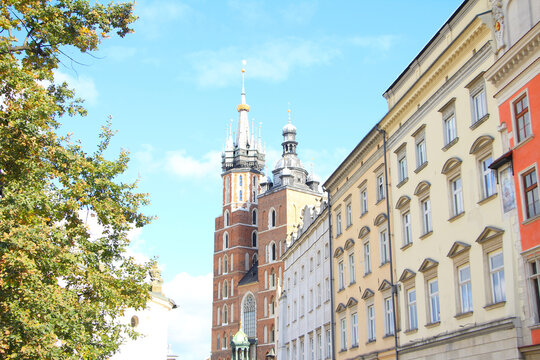 St Mary&rsquo;s Basilica with Historic Houses in Krakow, Poland