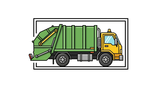 Green and yellow garbage truck, side view, cartoon illustration