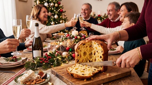 Slicing traditional Italian panettone during a festive family Christmas dinner.