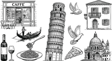 Vintage engraved Italy travel vector set featuring Leaning Tower of Pisa Venetian gondola pizza spaghetti and architecture © MdAnarulIslam