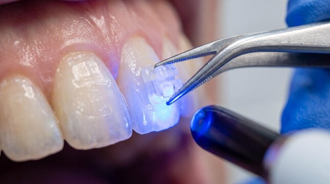 Dentist placing clear ceramic bracket on tooth during orthodontic treatment.