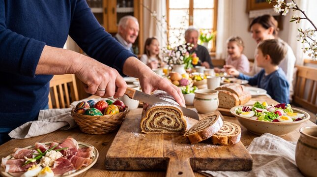 Slicing traditional Slovenian potica cake during a family Easter feast